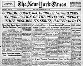 New York Times 1971 front page: U.S. Supreme Cout, 6-3, Upholds Newspapers on Publication of the Pentagon Report [newaper front page]